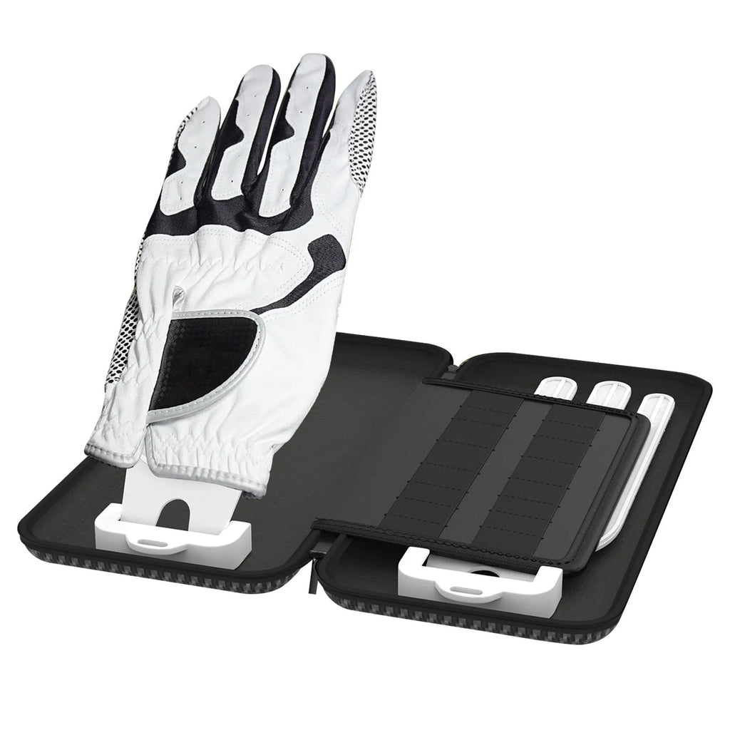Silver grey golf double glove storage bag with two integrated marking brackets for organised accessory storage