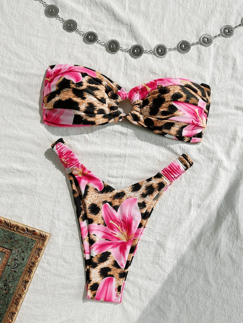 Women's polyester bikini set in pink leopard print, blue, or leopard print, sizes S-XL, tube top with split detail.