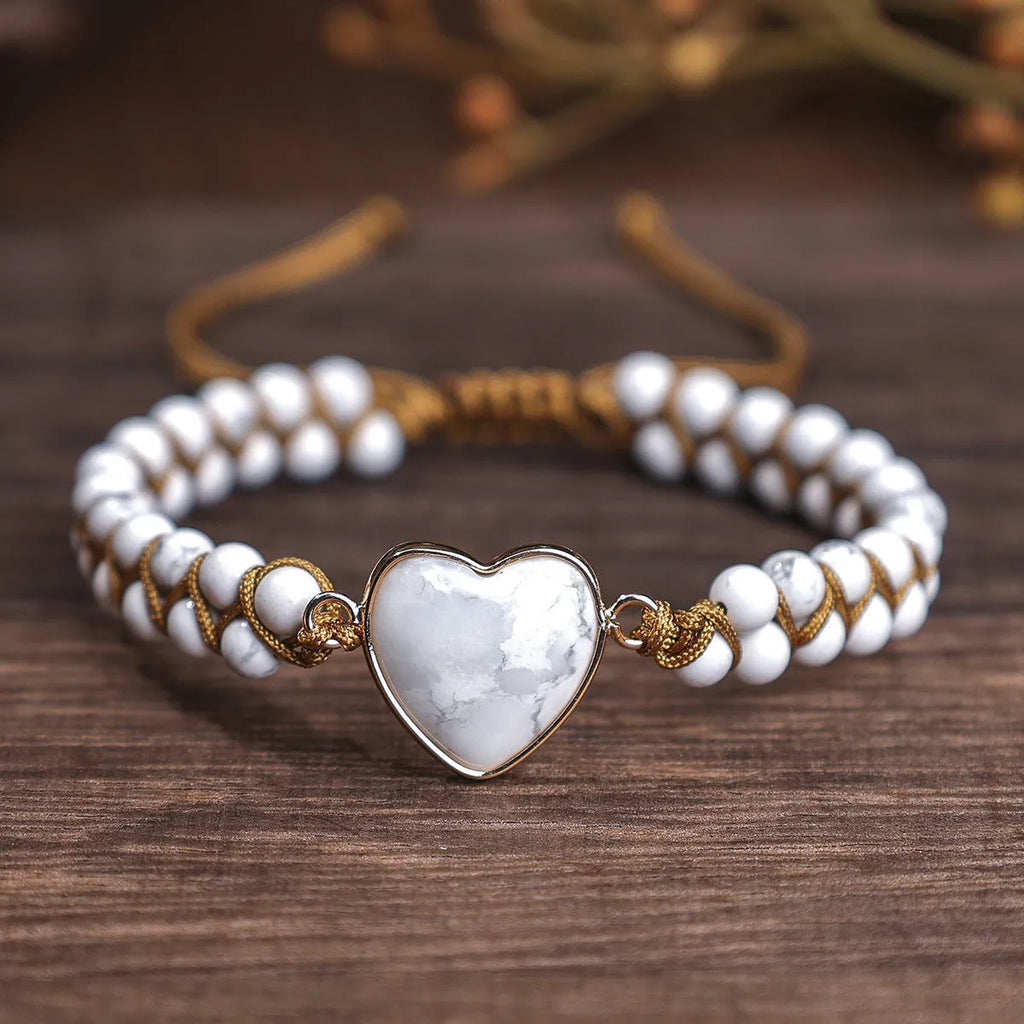 Natural stone bracelet with lapis lazuli pattern, double-row braided cord, large white crystal heart bead over 20mm, stainless steel accessory