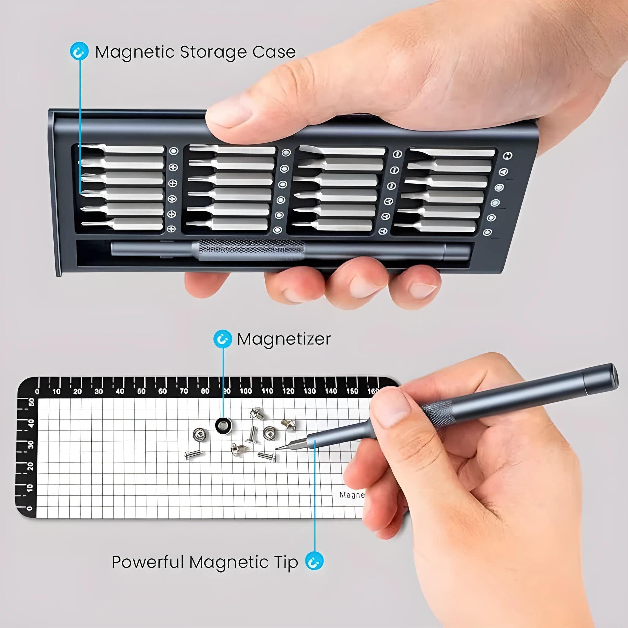 25-in-one precision screwdriver set with magnetic tip and knurled black handle, 110mm long.