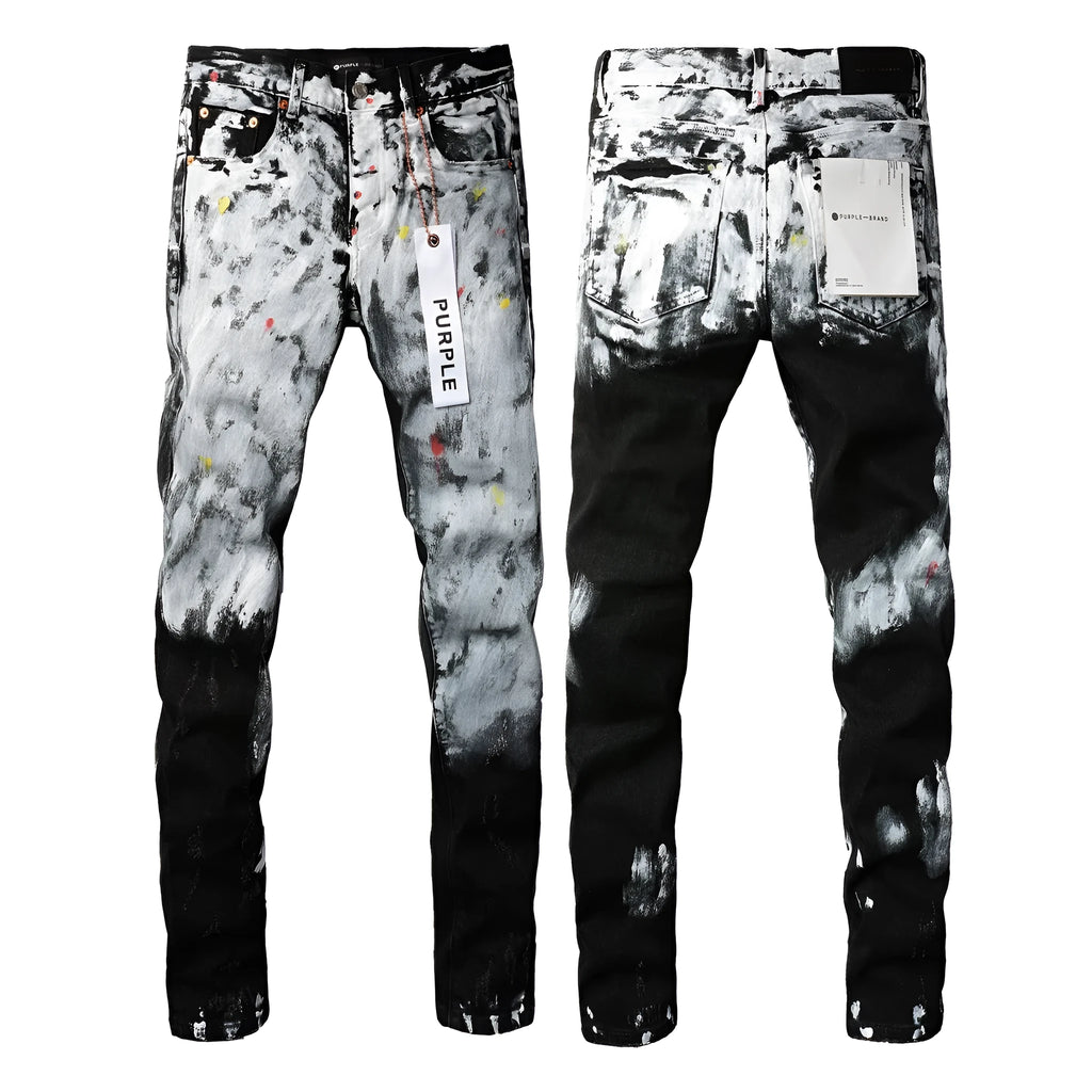 Purple Brand blue denim jeans with crumpled finish, button fly, and skinny fit on a model