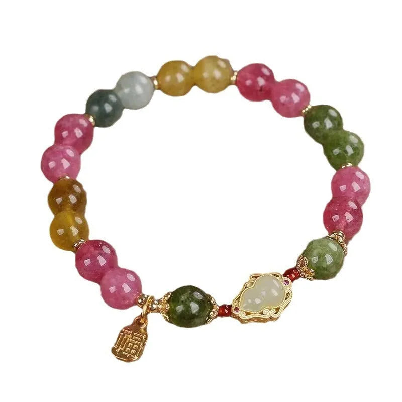 Women's bracelet with colourful tourmaline beads and electroplated gourd blessing card and flower charms