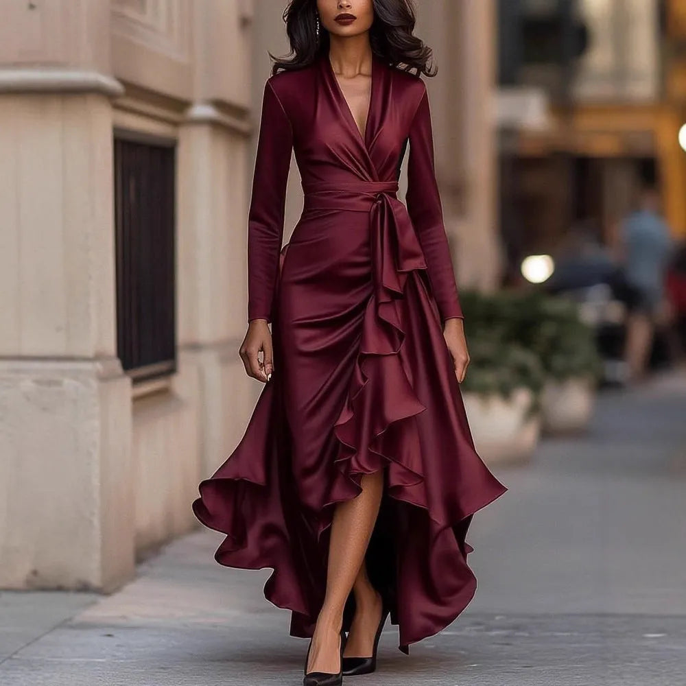 V-neck waist trimming ruffle dress with asymmetric high waist skirt in navy blue