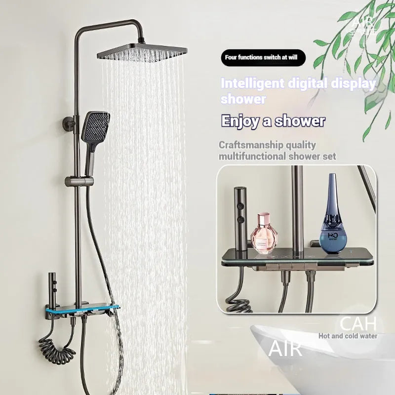 Aluminium digital display shower set in white or grey with temperature control dial.