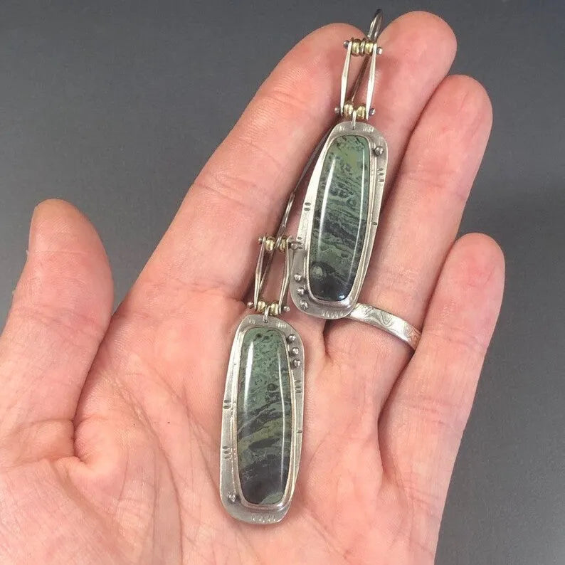 Geometric alloy drop earrings with two-colour marble pattern and post backs
