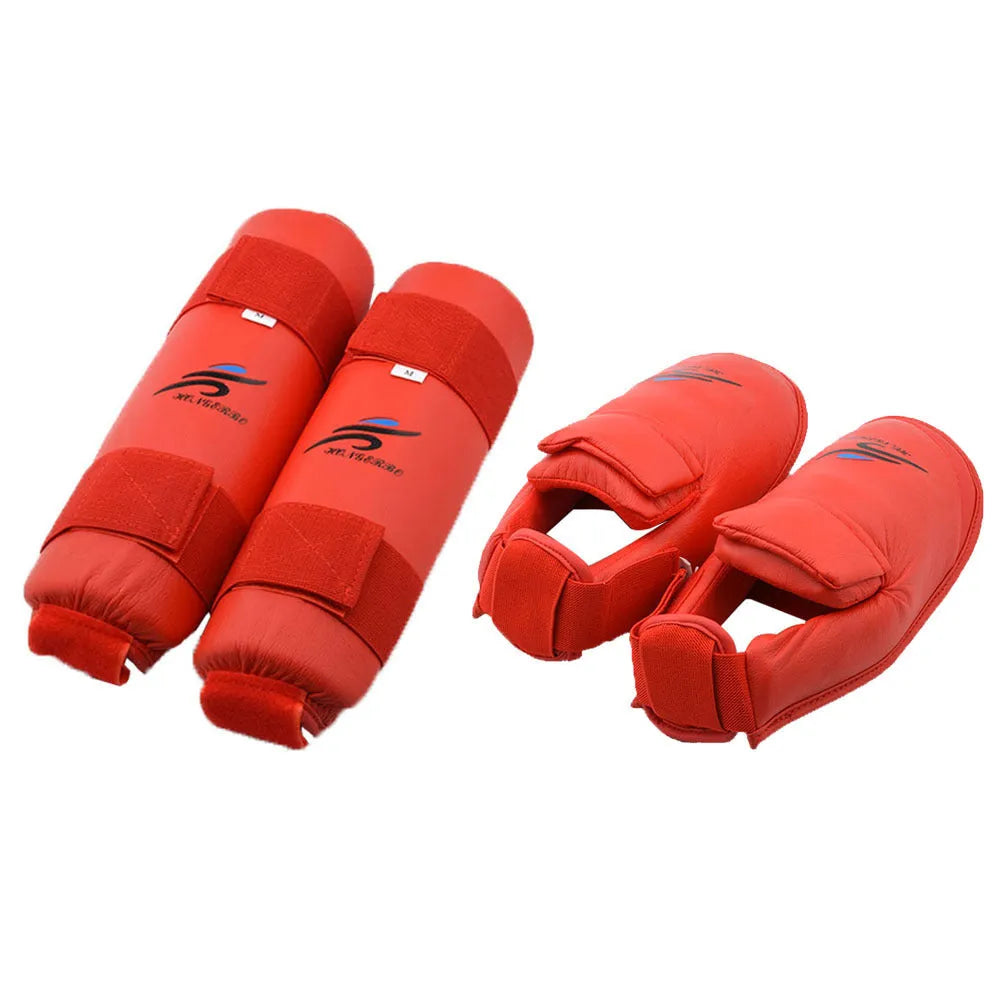 Karate protective gear set with red boxing gloves, leg guards, and helmet for martial arts training