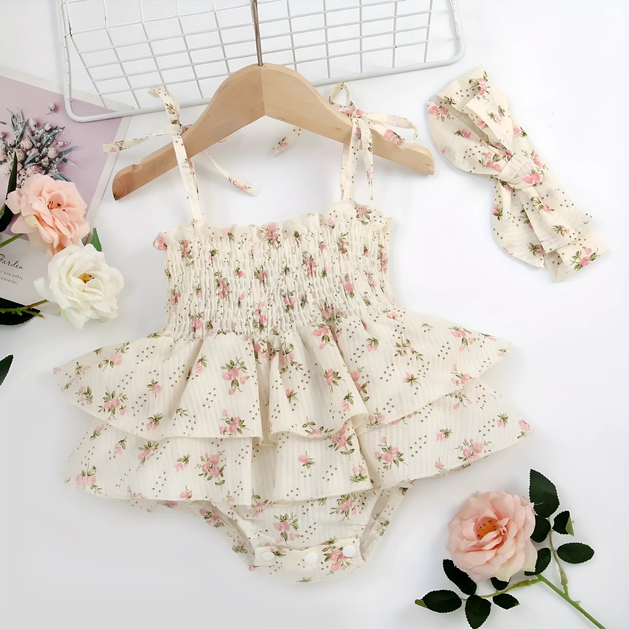 Baby girl boho jumpsuit set with corduroy A-line skirt and beige colour, including white T-shirt and headband