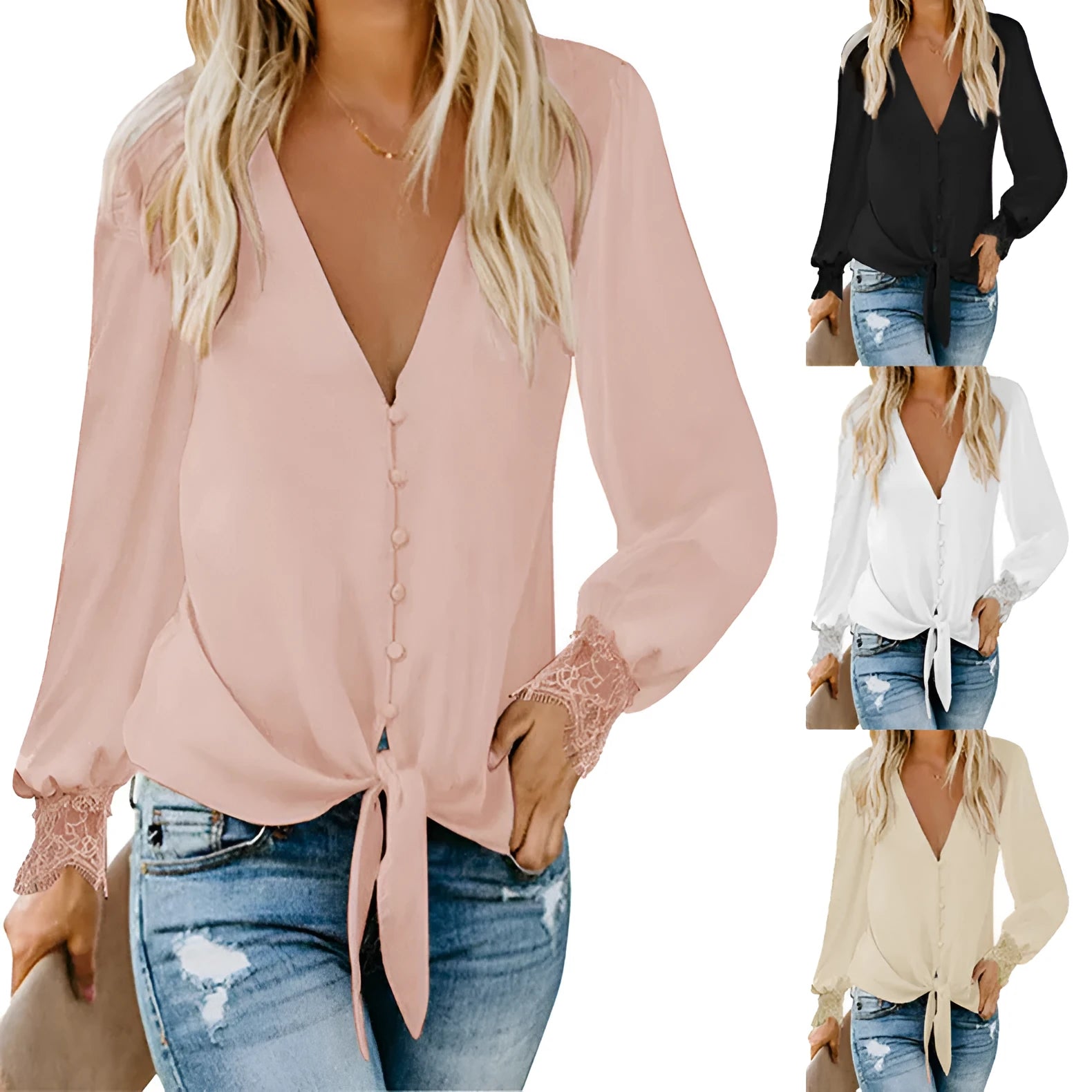 Women's V-neck loose top with lace-up hem detail in solid colour options