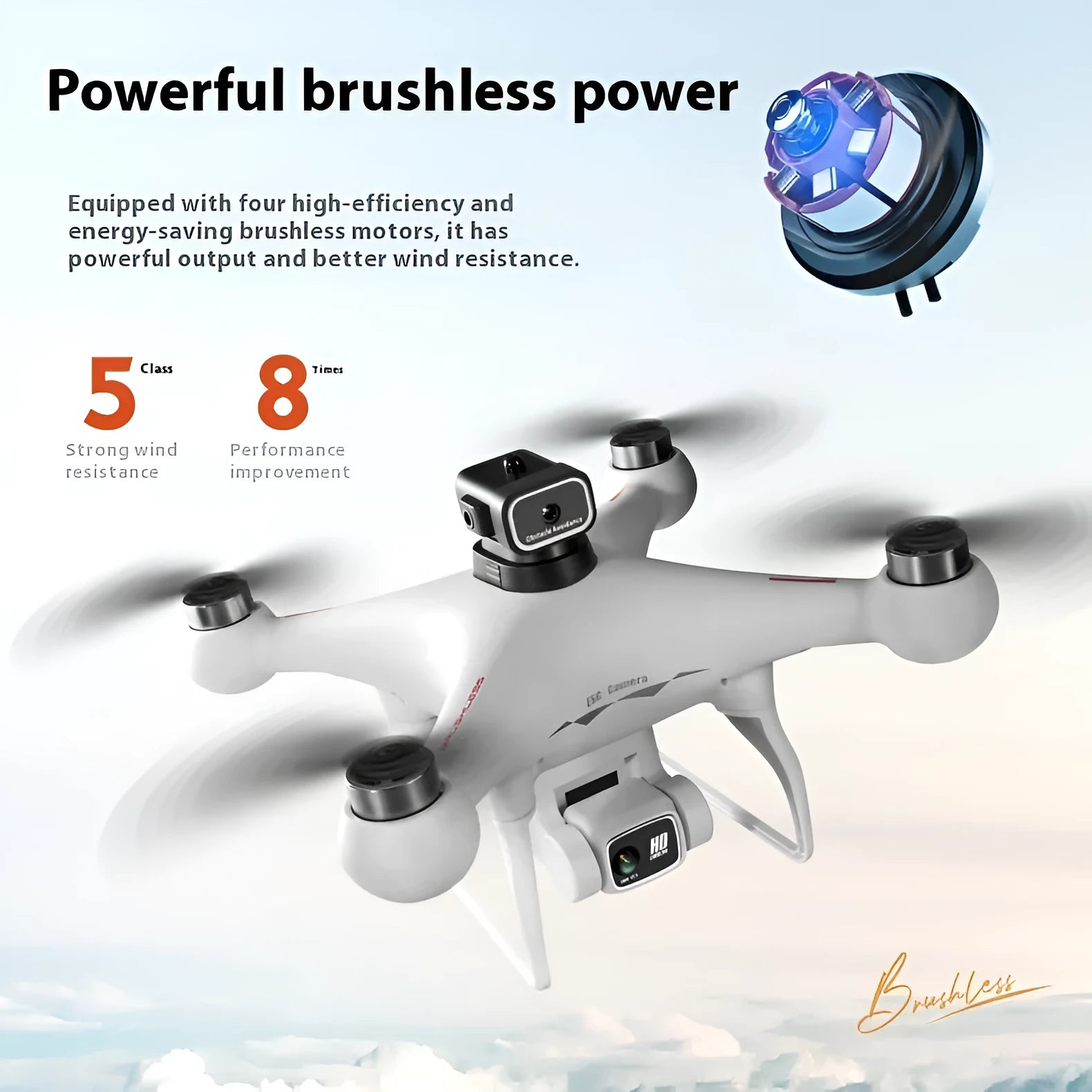 Black S116 brushless drone with four rotors and a camera, shown next to its remote control.