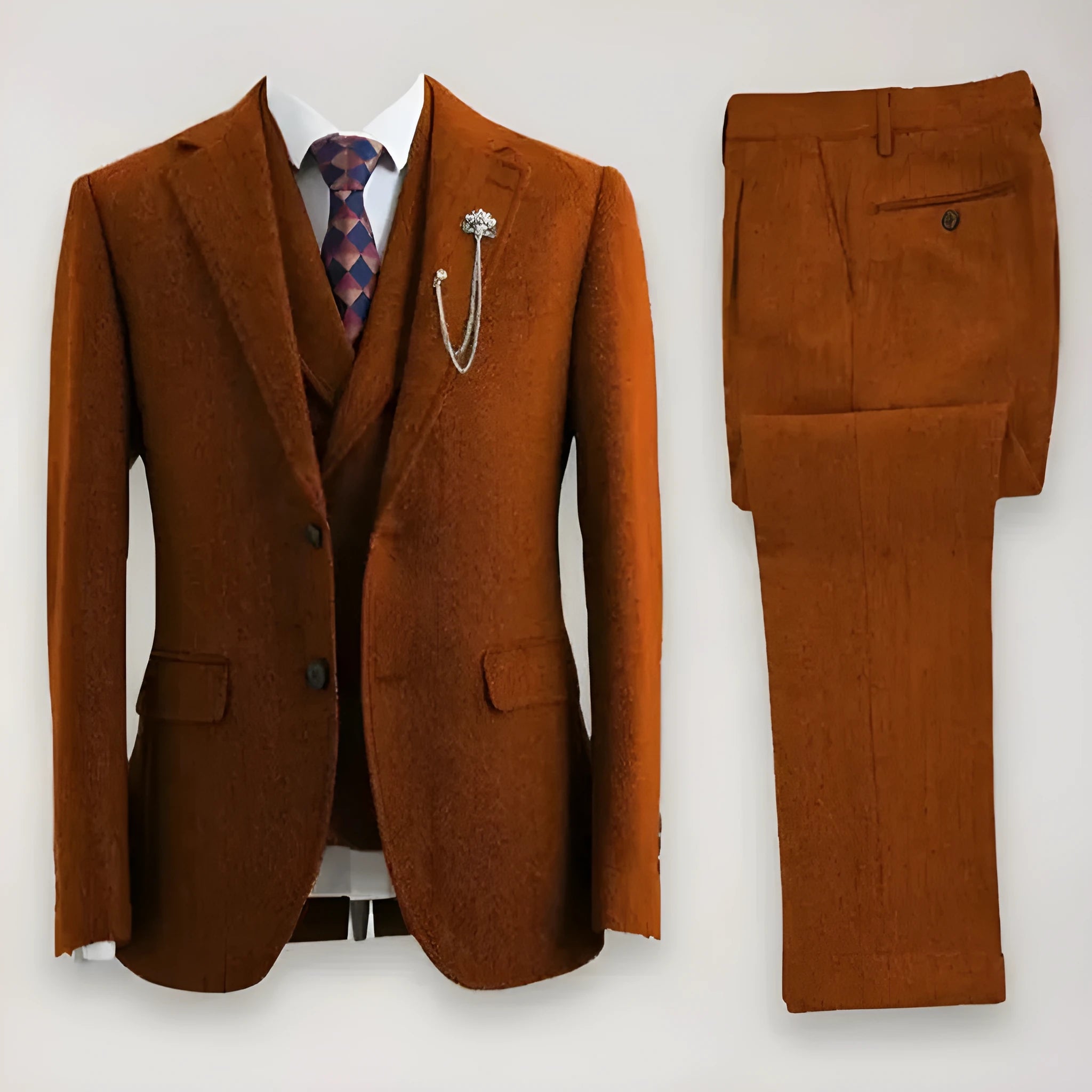 Men's slim fit three-piece suit in brown colour made from nylon fabric, front view with jacket and trousers