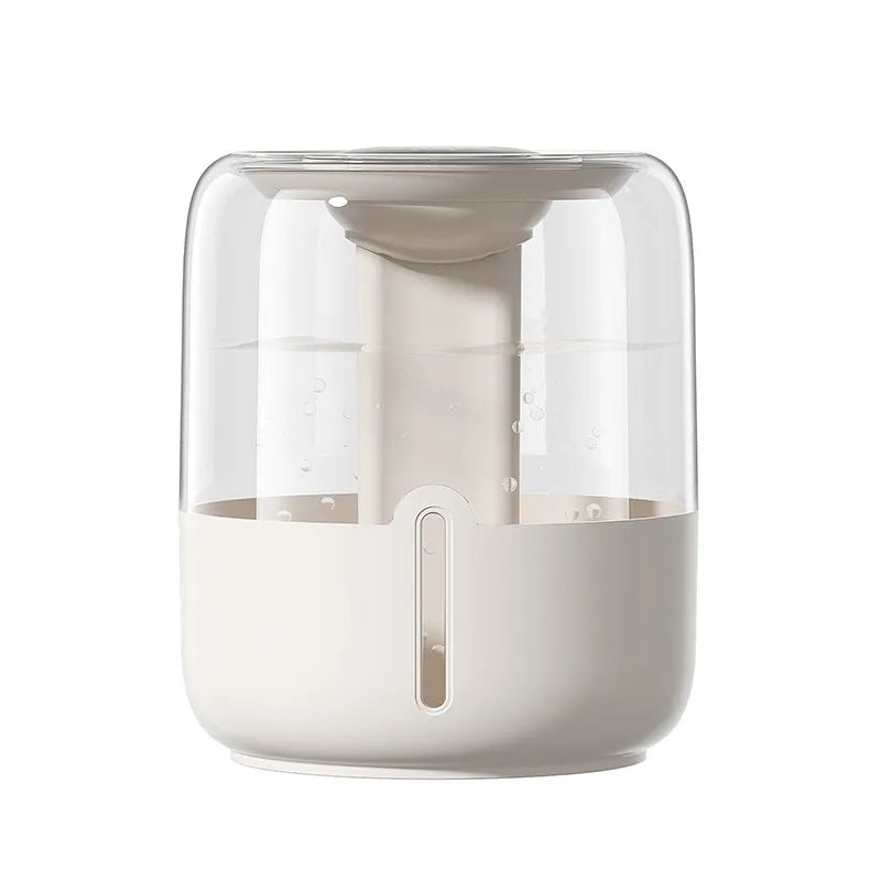 Round beige USB humidifier with dual spray nozzles, humidity display, and gear controls