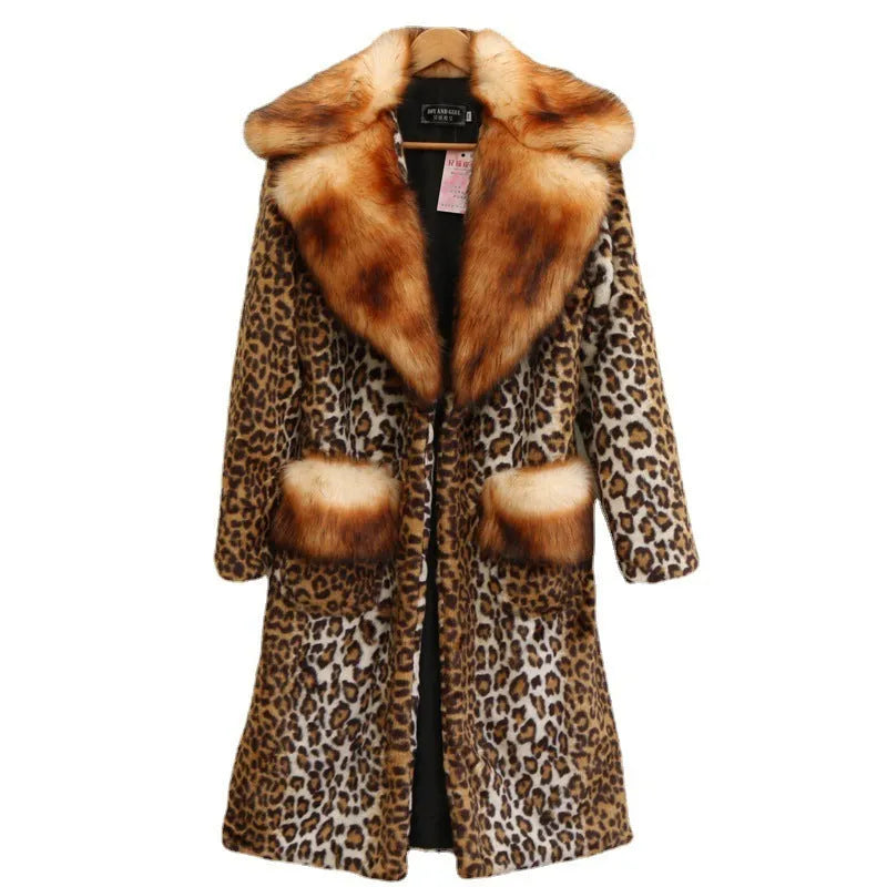 Women's leopard print long artificial fur jacket on hanger, showing regular sleeves and 80cm length.