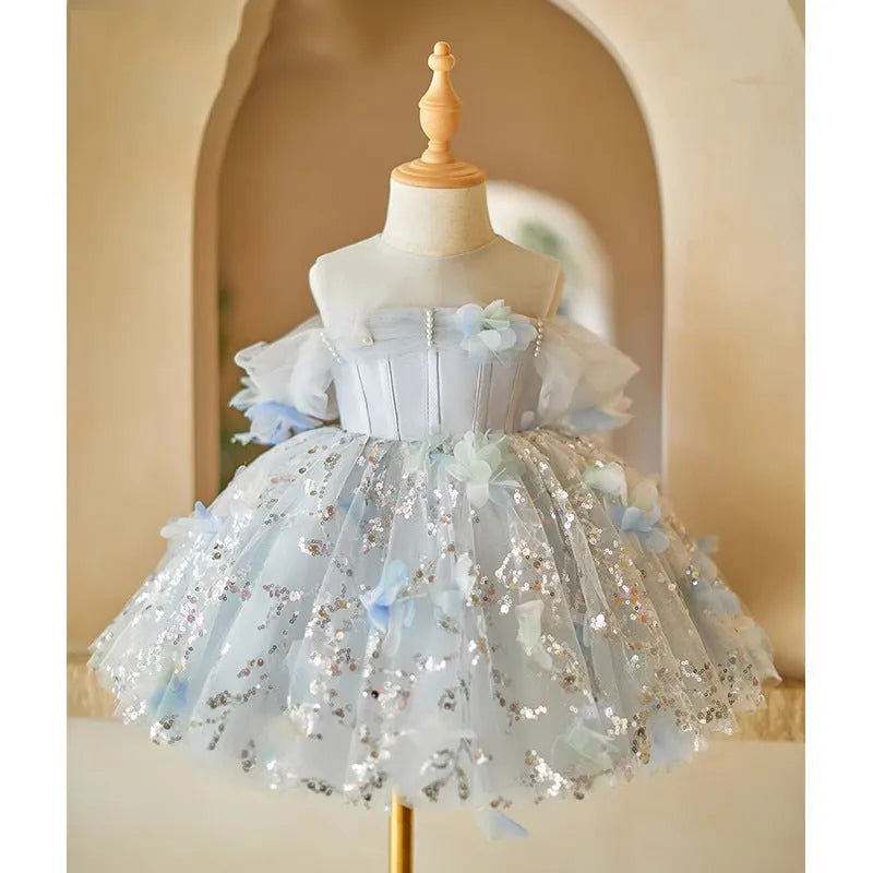 Girls blue princess dress with polyester lining, suitable heights 80cm to 150cm