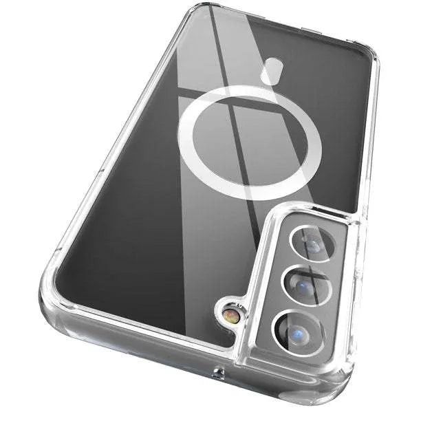 Transparent MagSafe magnetic phone case for Samsung Galaxy S21, S22, S23 models on a table
