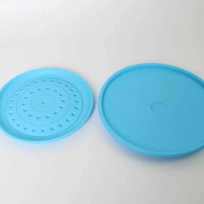 Plastic dog frisbee disc in green colour for outdoor fetch play with a dog.