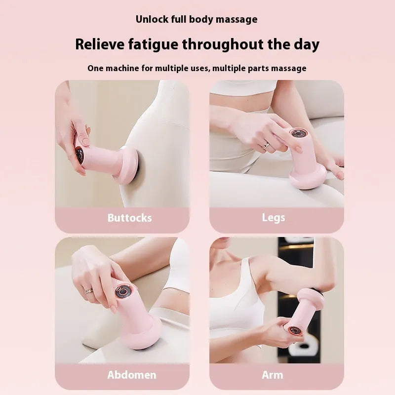 A handheld USB electric massager in black, pink, or white for use on neck, back, and legs.