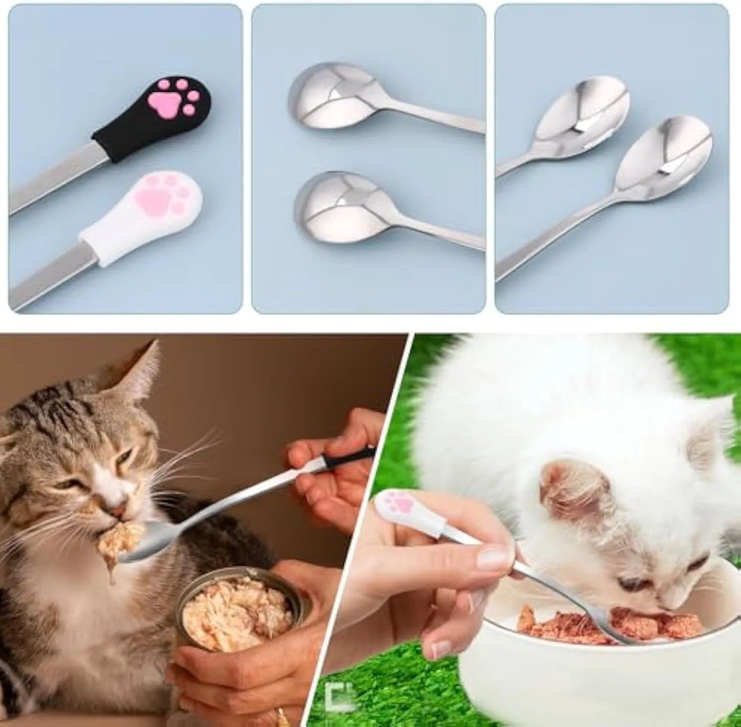 White and black stainless steel pet food spoons with cat paw print design and silicone handles.