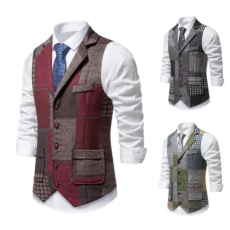 Men's retro patchwork lapel suit vest in gray plaid pattern with patch pockets, chemical fibre blend fabric