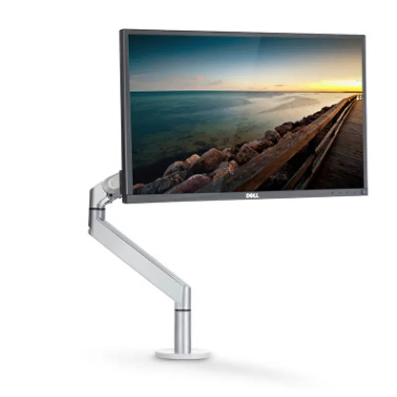 Silver aluminium alloy hover notebook stand on a desk holding a laptop.