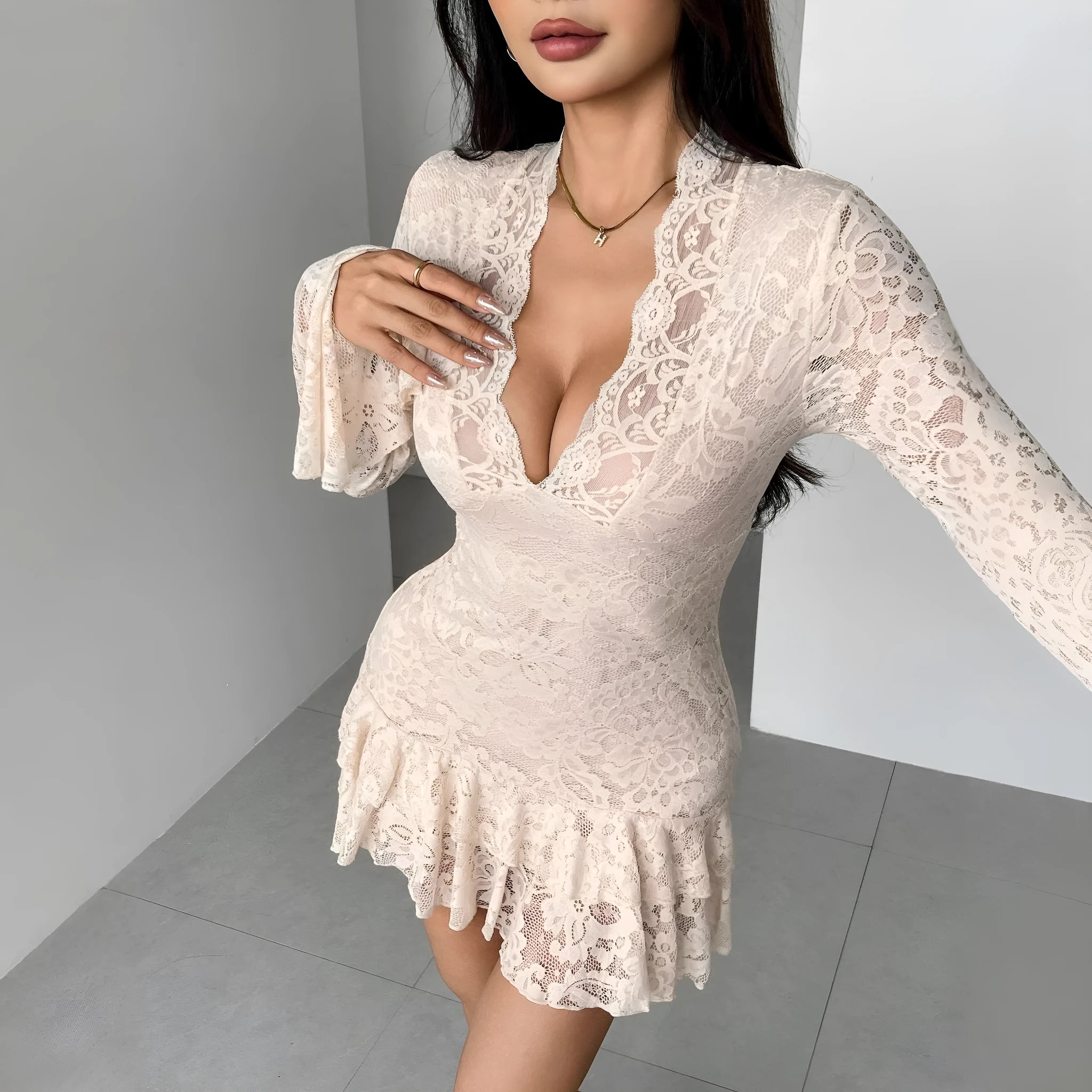 New lace V-neck double-layer ruffled slim-fit mermaid dress in apricot with flower pattern