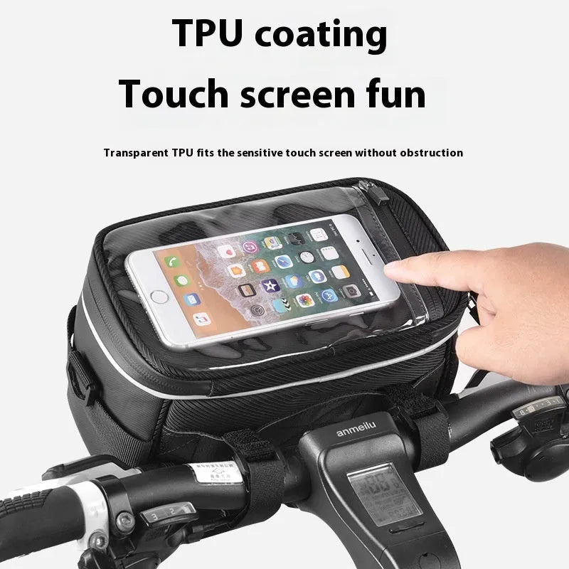 Black 7 inch polyester bicycle bag mounted on folding bike head tube