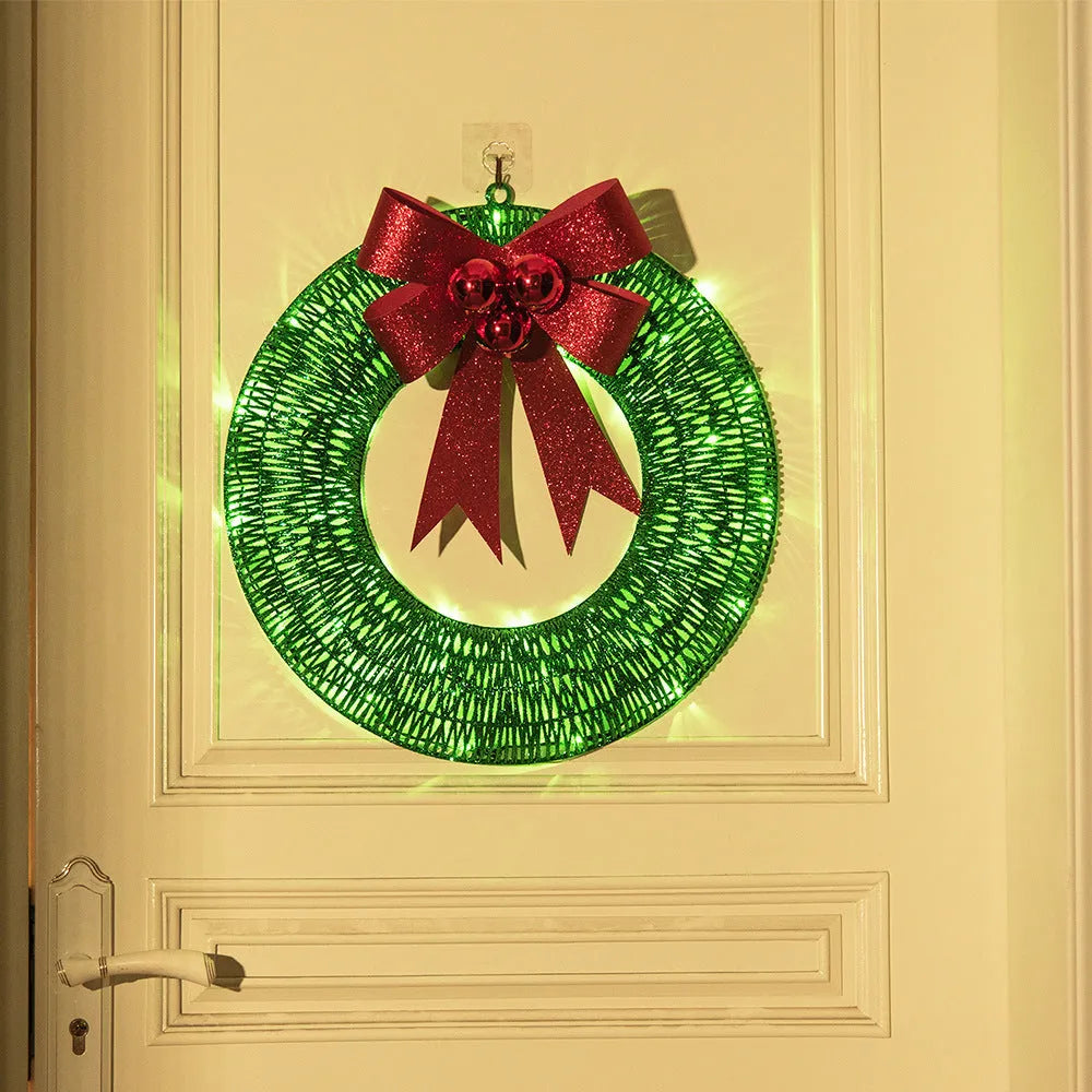 Gold and green 50cm LED Christmas wreath with large fabric bowknot and warm white lights