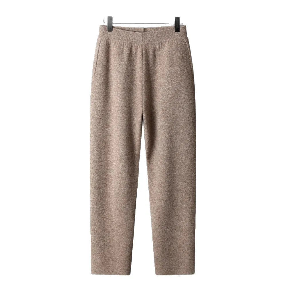 Men's thick cashmere high waist tapered trousers in Black, Elephant Grey, and Raw Velvet, full length, sizes M to XXL.
