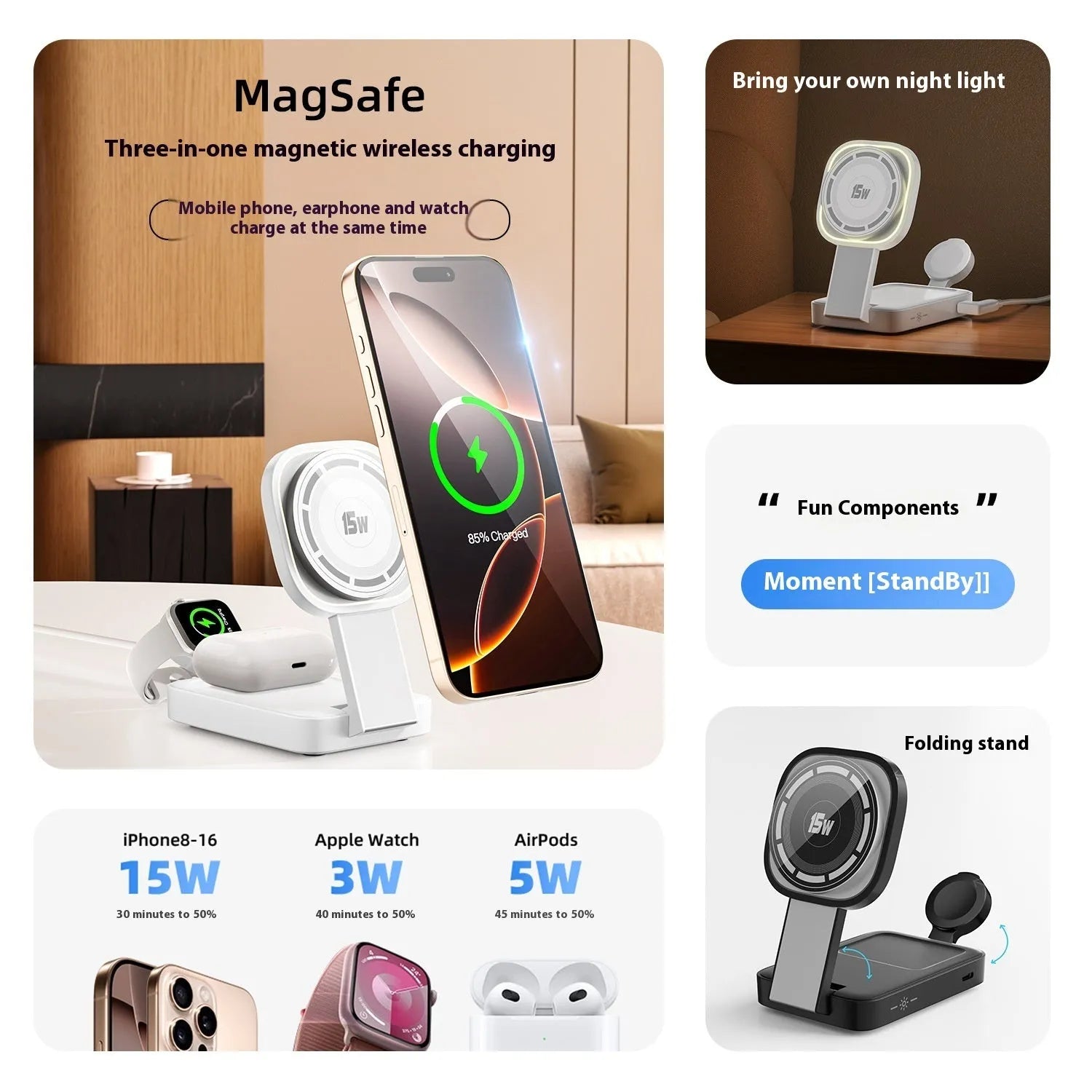C40 foldable three-in-one wireless charger for mobile phone earphone and Apple Watch in black on a desk