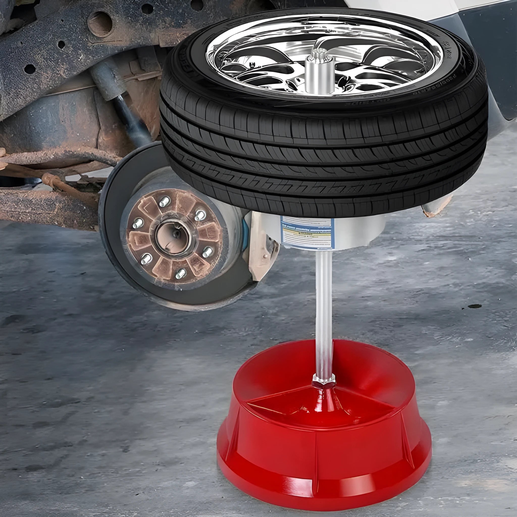Portable wheel balancer tool with aluminium head and bull's-eye level on a black enamel base.