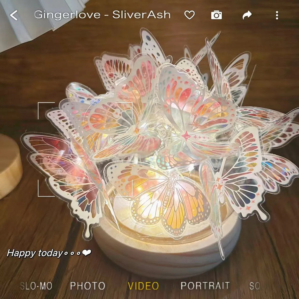 Butterfly night lamp with glass shade and natural wood base measuring 12x15cm