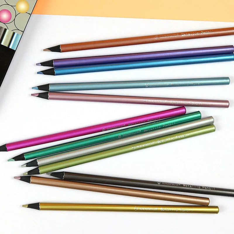 12-Color Metallic Colored Pencils Set in Box Wooden 2B Lead Art Drawing Pencils