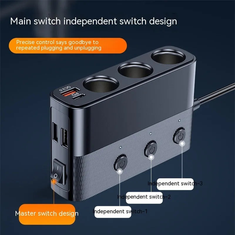 C28 black car cigarette lighter charger with USB 3.0 and PD ports showing 116mm body