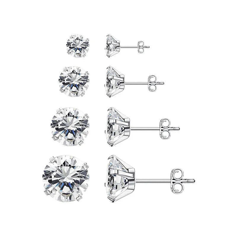 Geometric square and round zircon stud earrings in stainless steel with gold or steel electroplating