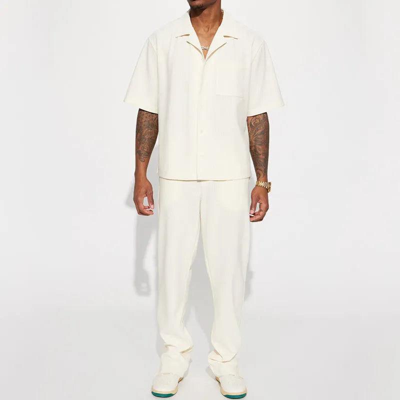 Men's loose lapel short-sleeved polyester suit set with matching trousers in black, brown, white, red