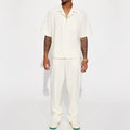 Men's loose lapel short-sleeved polyester suit set with matching trousers in black, brown, white, red