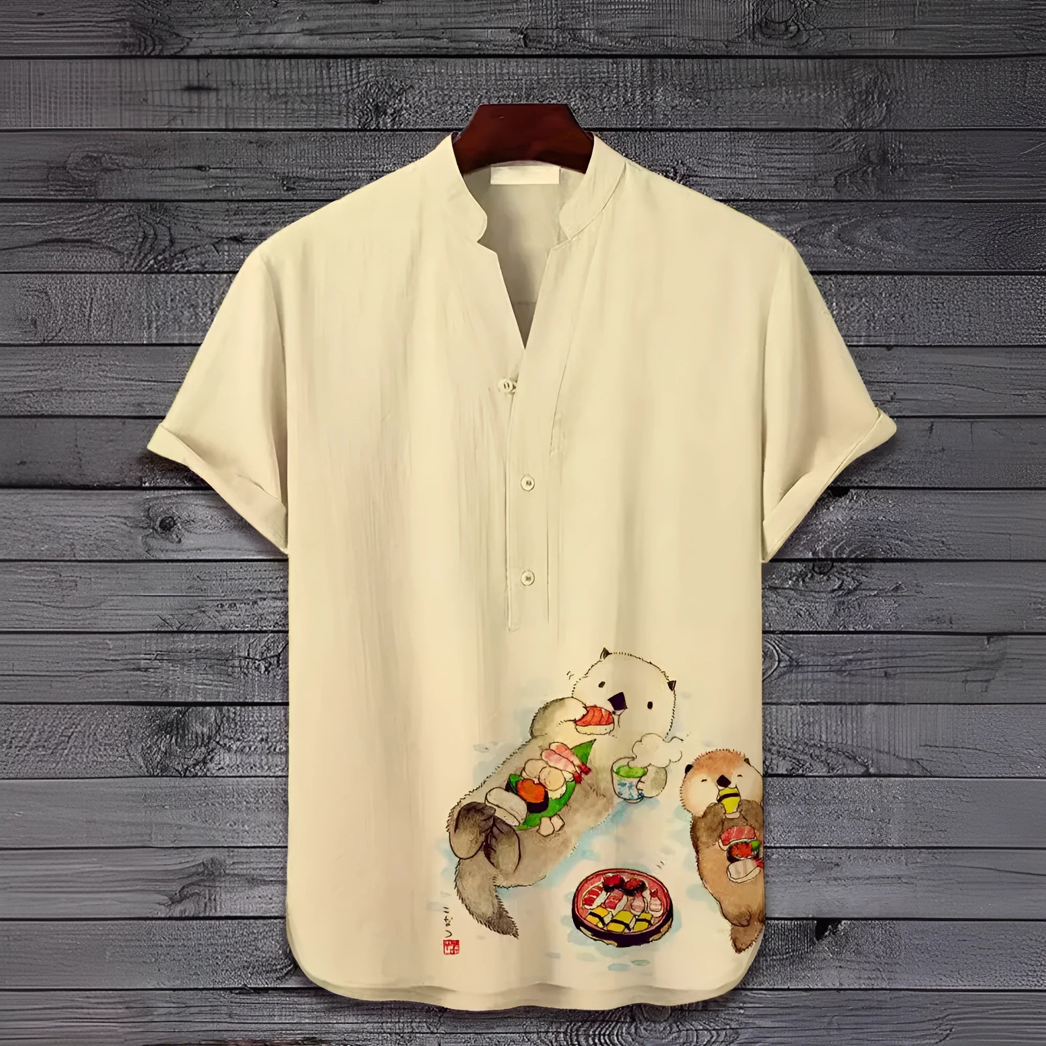 3D digital animal pattern short sleeve casual shirt on a hanger, showing one of thirteen colour variants.