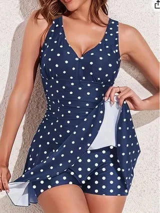 Blue polka dot print women's skirt bikini swimsuit with plus size fit