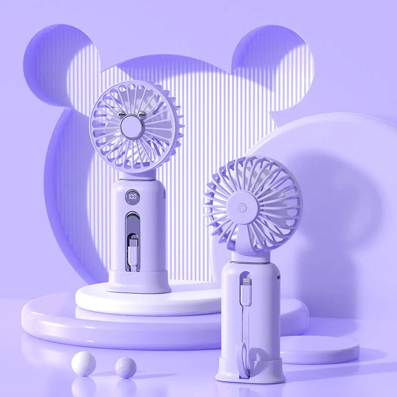 2-in-1 handheld fan with power bank, purple, 88mm brushless blades, compact USB rechargeable portable fan
