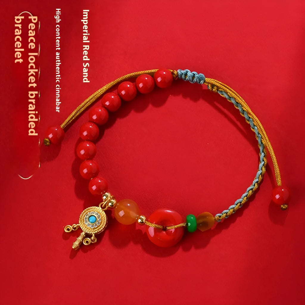 Hand-woven cinnabar peace buckle bracelet in emperor red sand colour with geometric design