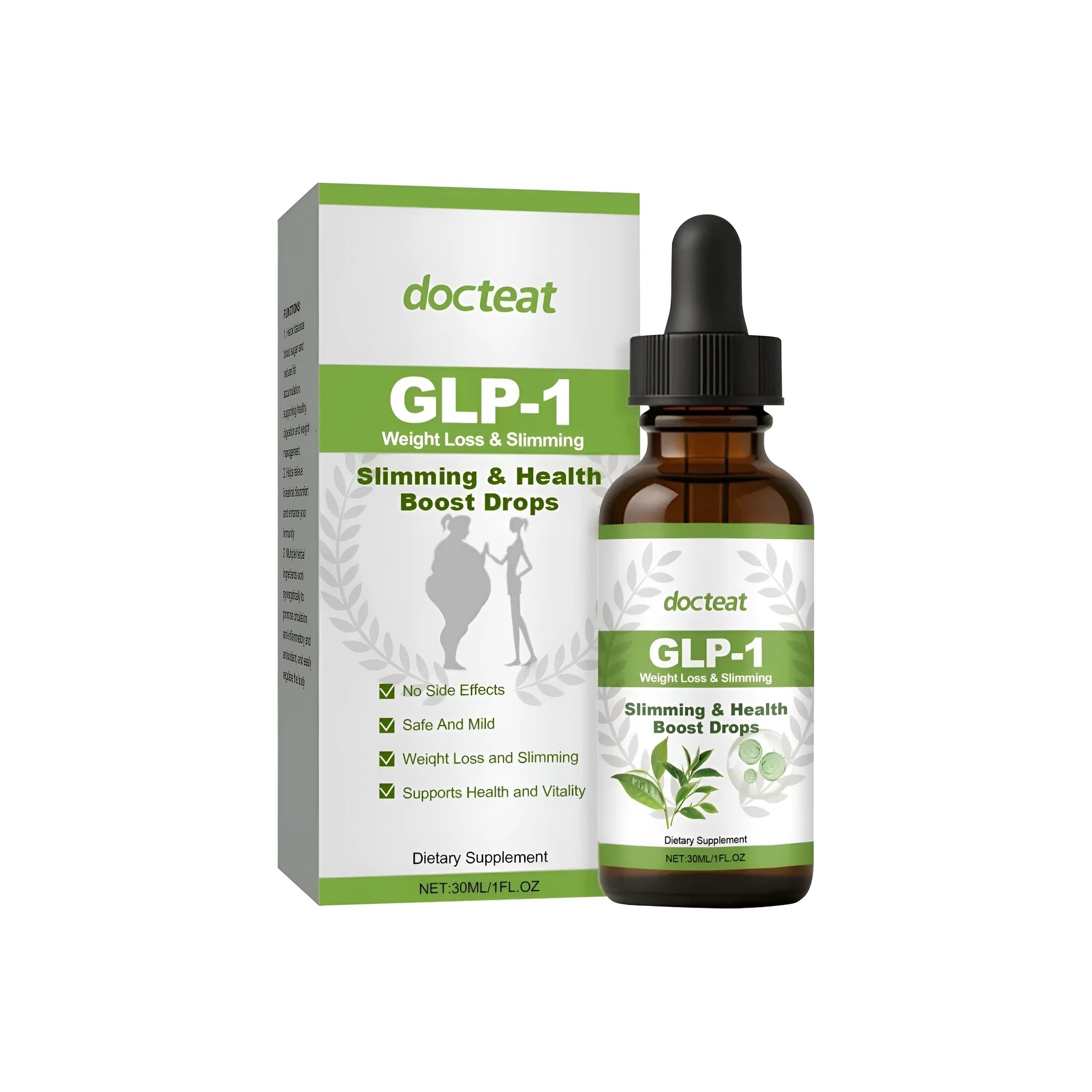 30ml bottle of digestive support drops with dropper containing moringa and green tea extracts