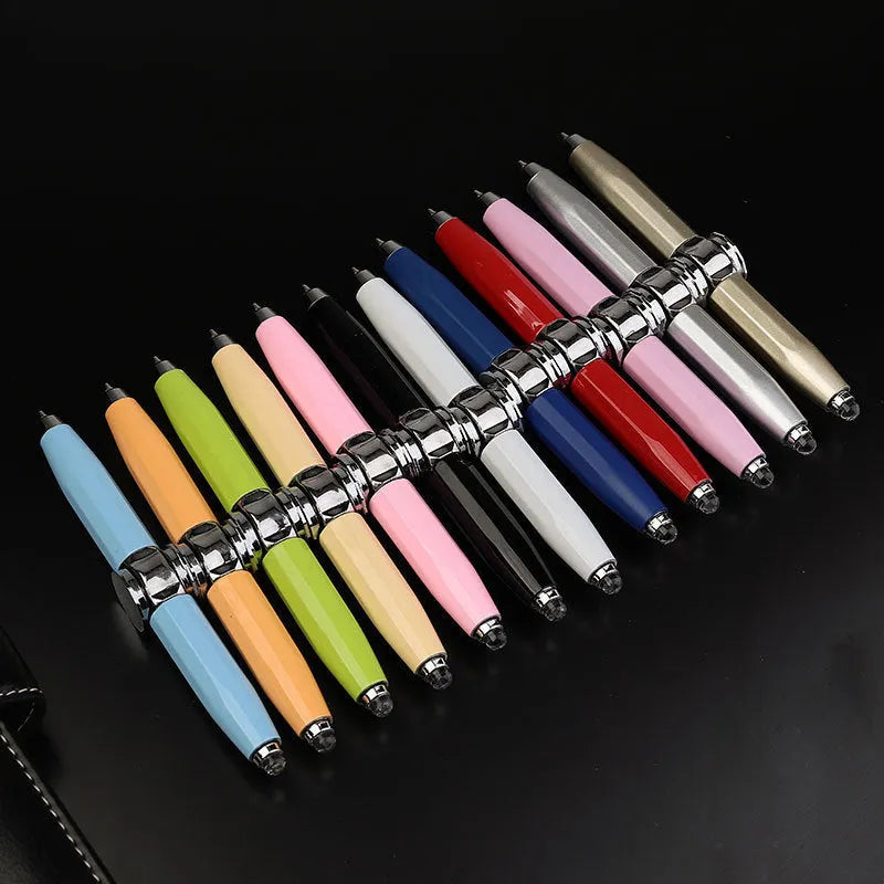 Metal LED spinning decompression gyro ballpoint pen showing 12 refill colour options