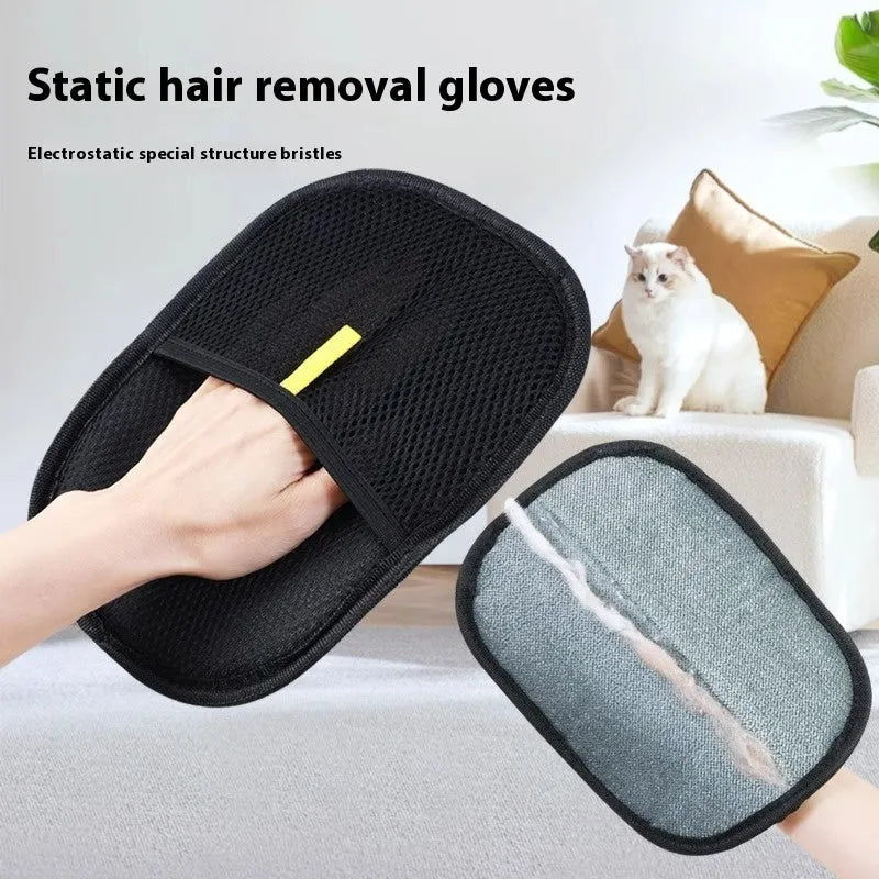 Black pet hair removal mitt glove with silicone bristles for dog cat rabbit grooming