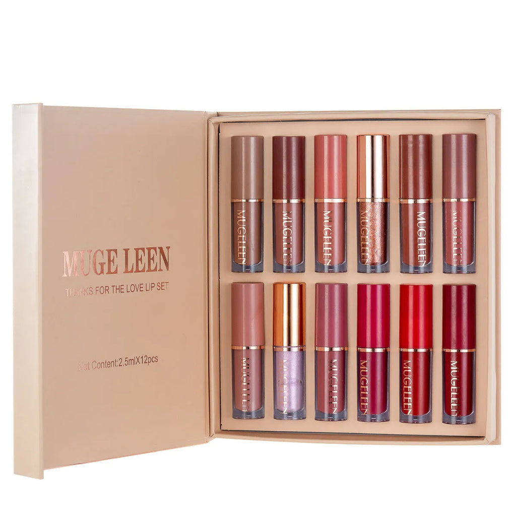 Matte shimmer lip glaze set with 12 non-stick cup colours for neutral skin tones