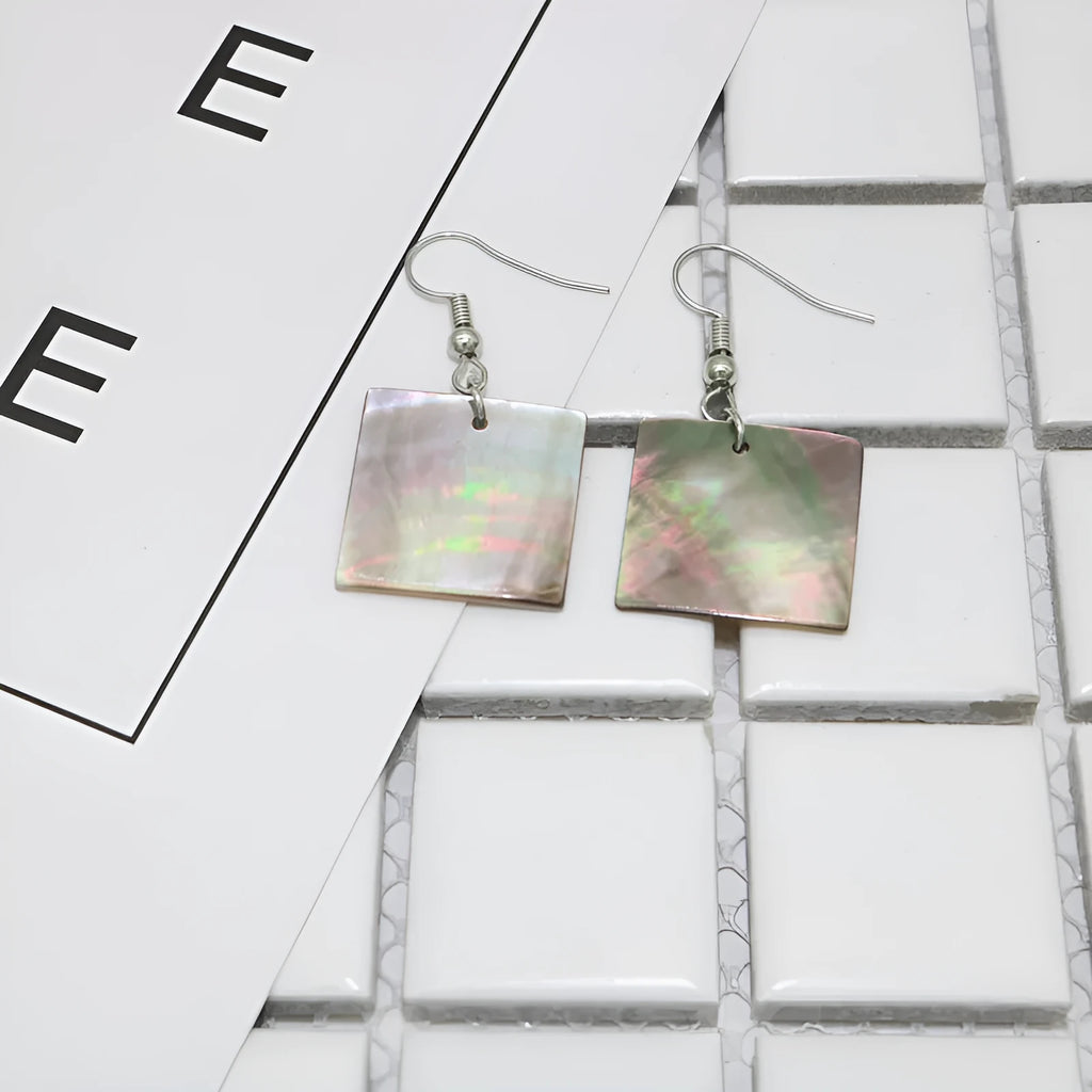 Women's natural shell earrings in geometric square and rectangular shapes with retro styling
