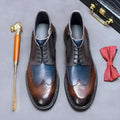 Men's curry blue leather brogue boots with colour blocking and square low heel