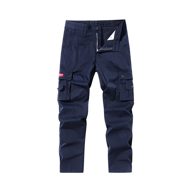 Multi-pocket cargo trousers for men, straight leg, pure cotton, drawstring waist, available in khaki, gray, black, dark blue, army green