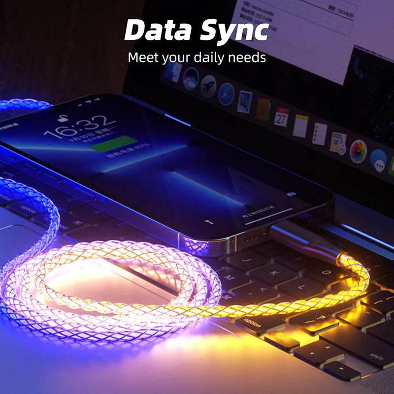 Colourful gradient 3-in-1 USB charging cable with Lightning, Micro USB, and TYPE-C connectors