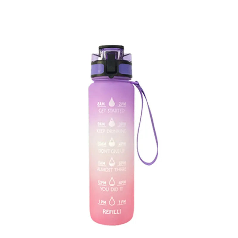 Transparent 1000ml plastic water bottle showing clear Tritan construction with visible liquid