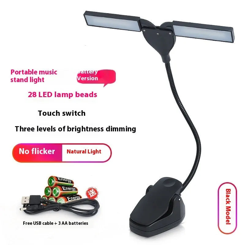 Black rechargeable music stand lamp with 28 soft white LEDs clipped to a metal music stand.