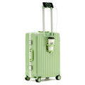 Aluminium frame trolley suitcase in avocado green with multi-functional pockets and USB port.